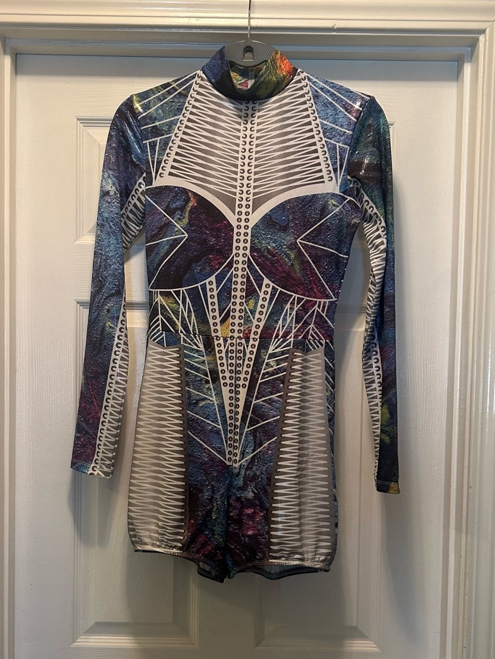 Long-Sleeve Multicolor Geometric Printed Women’s Dance Costume